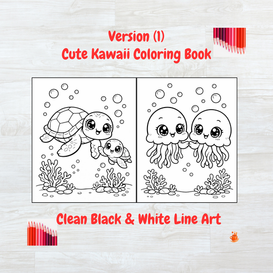 55 Kawaii Ocean Animals Coloring Book 2 Versions (2 in 1)