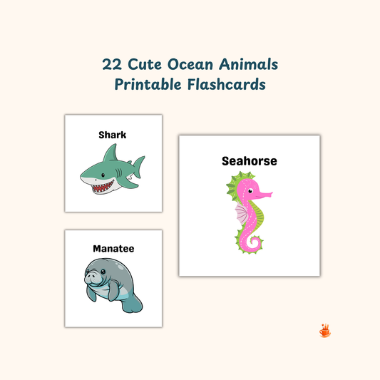 22 Cute Ocean Animals Printable Flashcards