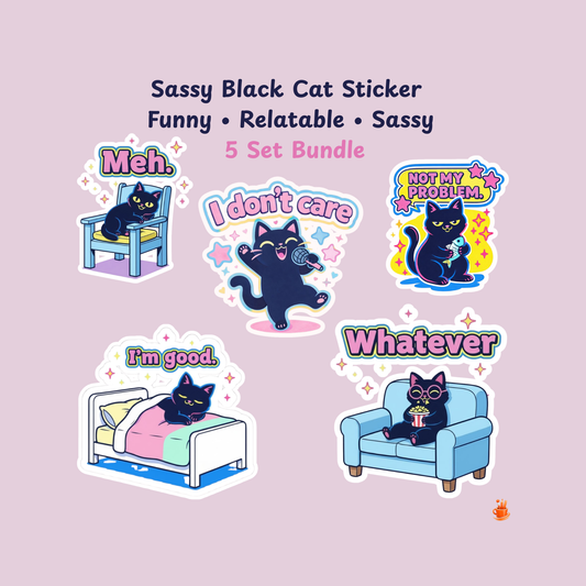 Sassy Black Cat Sticker 5 Set Bundle