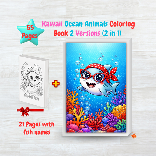 55 Kawaii Ocean Animals Coloring Book 2 Versions (2 in 1)