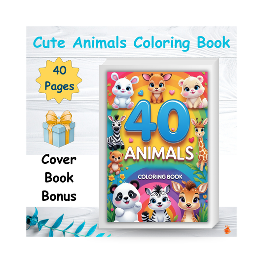 40 Cute Animals Coloring Book + Cover Book Bonus