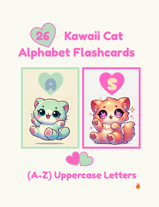 26 Kawaii Cat Alphabet Flashcards (A-Z Uppercase)
