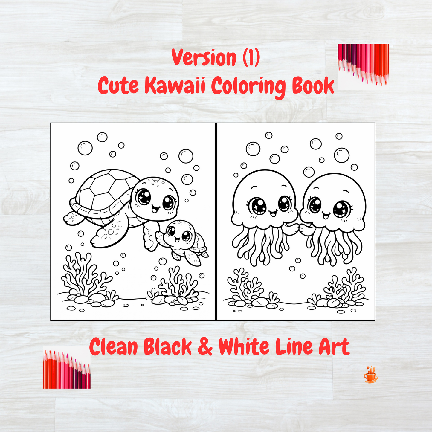 55 Kawaii Ocean Animals Coloring Book 2 Versions (2 in 1)