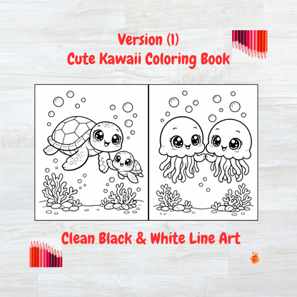 55 Kawaii Ocean Animals Coloring Book 2 Versions (2 in 1)