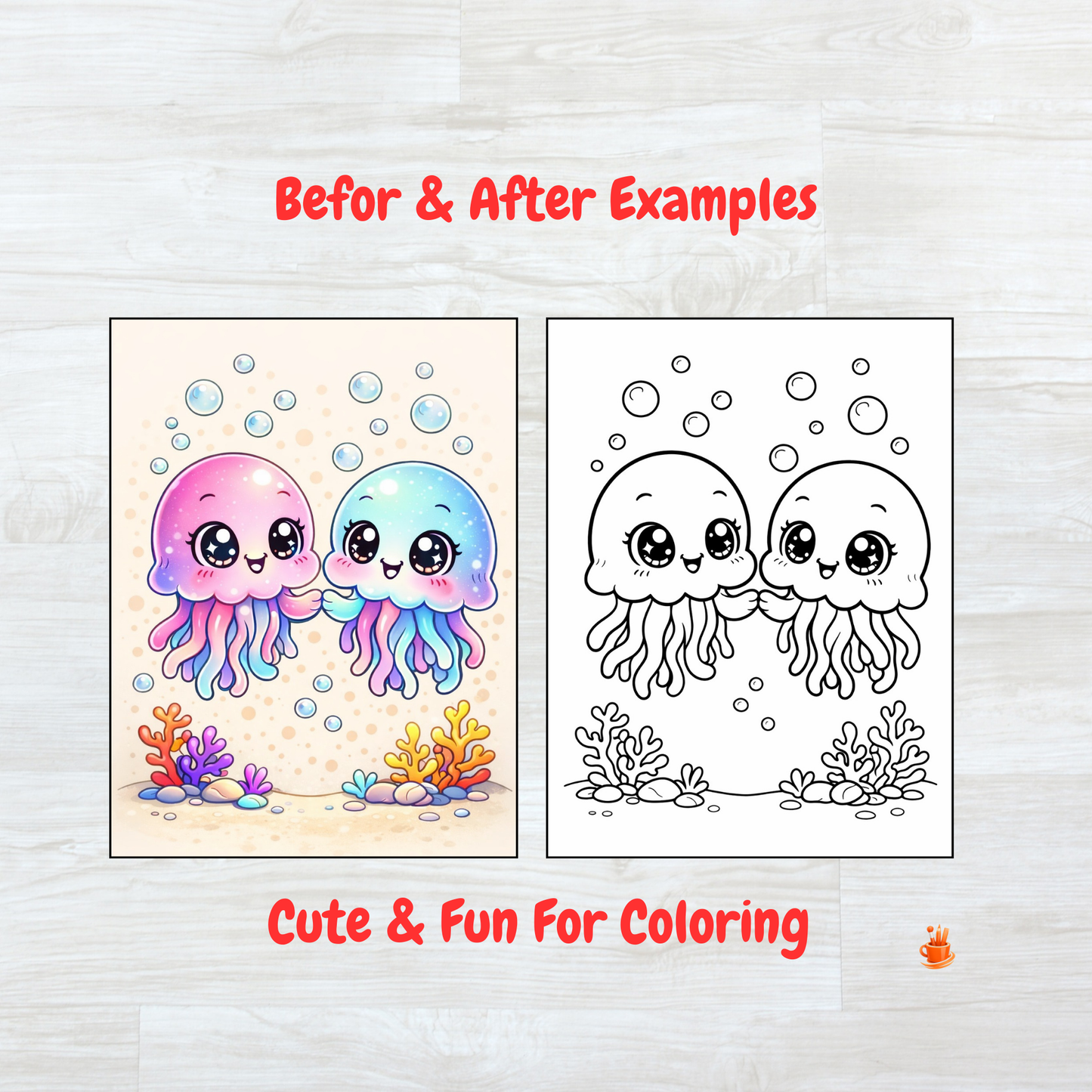 55 Kawaii Ocean Animals Coloring Book 2 Versions (2 in 1)