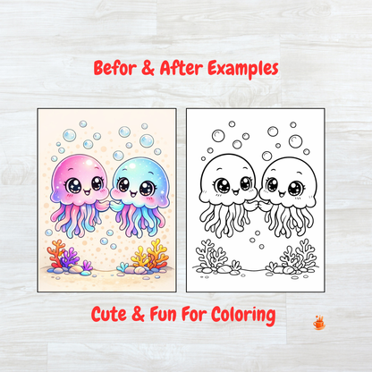 55 Kawaii Ocean Animals Coloring Book 2 Versions (2 in 1)