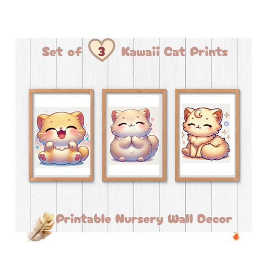 Set of 3 Kawaii Cat Prints Wall Art