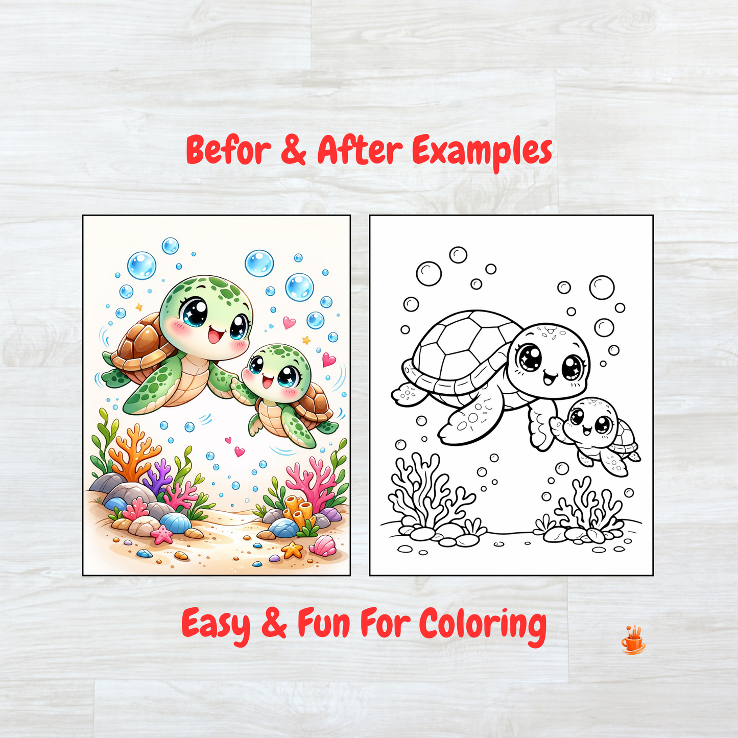 55 Kawaii Ocean Animals Coloring Book 2 Versions (2 in 1)