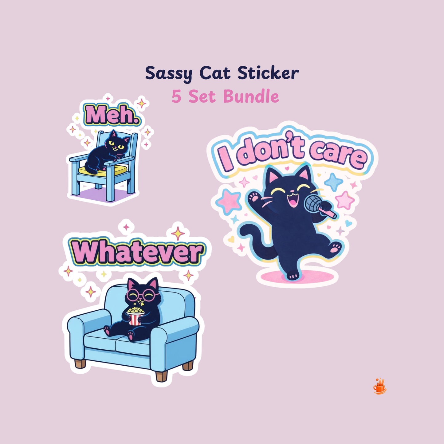 Sassy Black Cat Sticker 5 Set Bundle