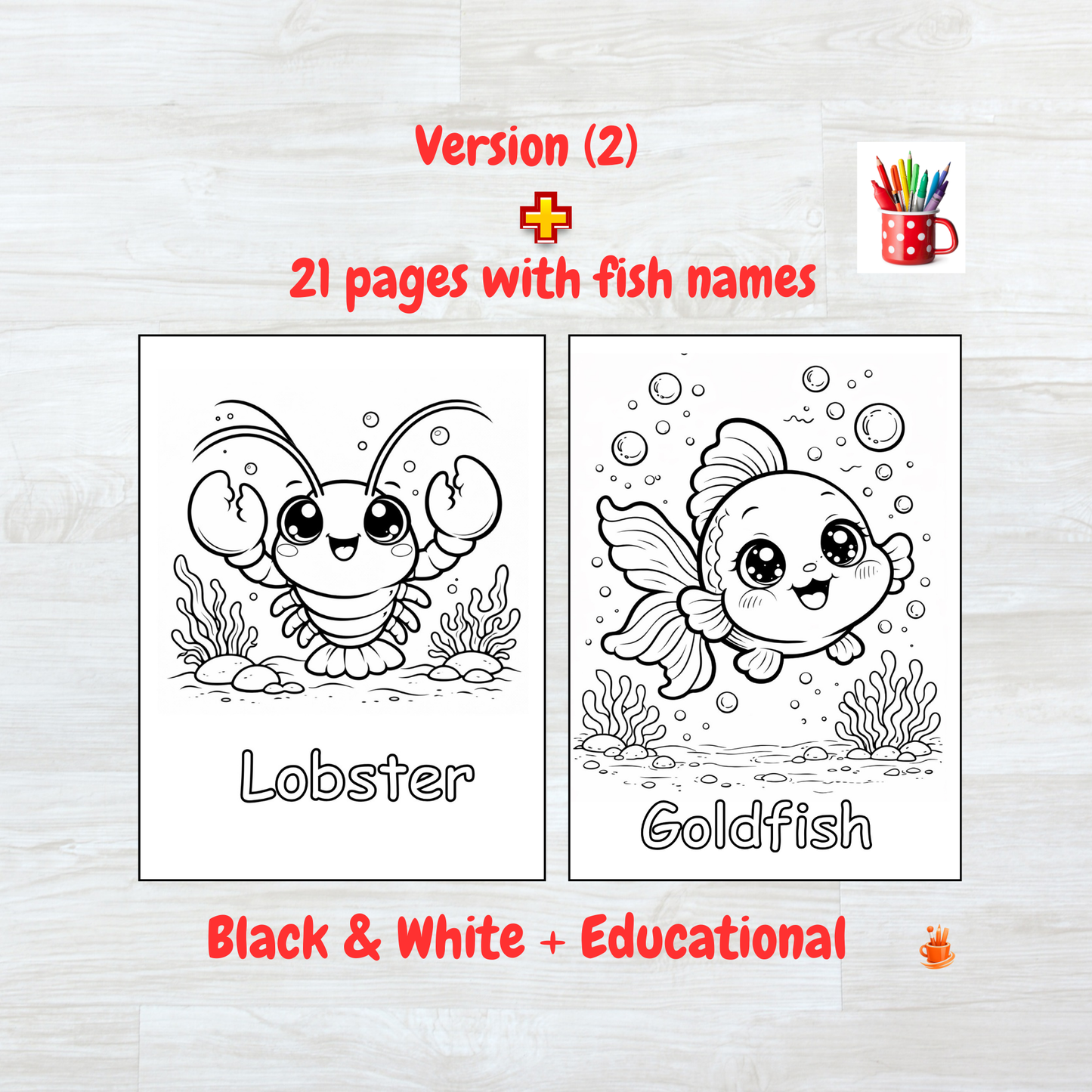 55 Kawaii Ocean Animals Coloring Book 2 Versions (2 in 1)