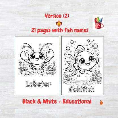 55 Kawaii Ocean Animals Coloring Book 2 Versions (2 in 1)