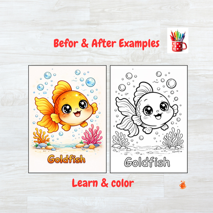 55 Kawaii Ocean Animals Coloring Book 2 Versions (2 in 1)