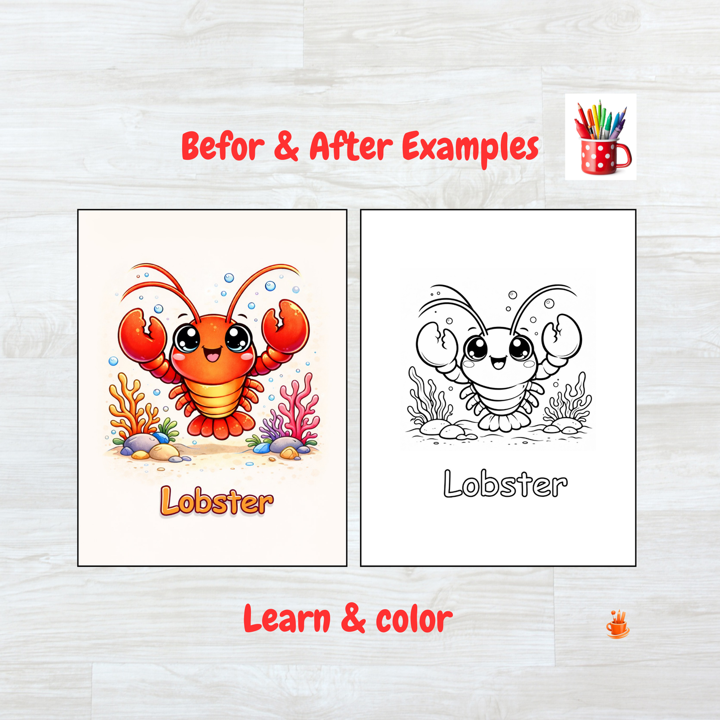 55 Kawaii Ocean Animals Coloring Book 2 Versions (2 in 1)