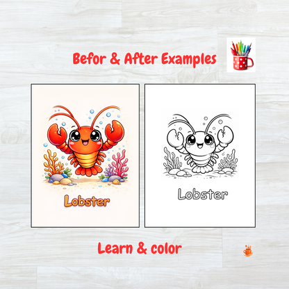 55 Kawaii Ocean Animals Coloring Book 2 Versions (2 in 1)