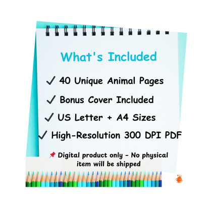 40 Cute Animals Coloring Book + Cover Book Bonus